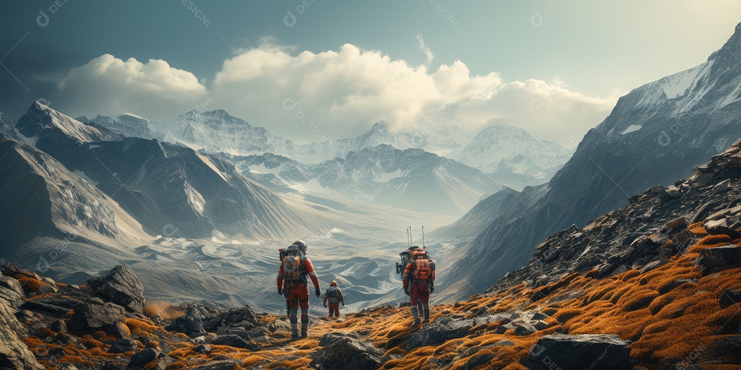 Astronautas em trajes espaciais futuristas estão explorando a superfície de Marte gerado por IA