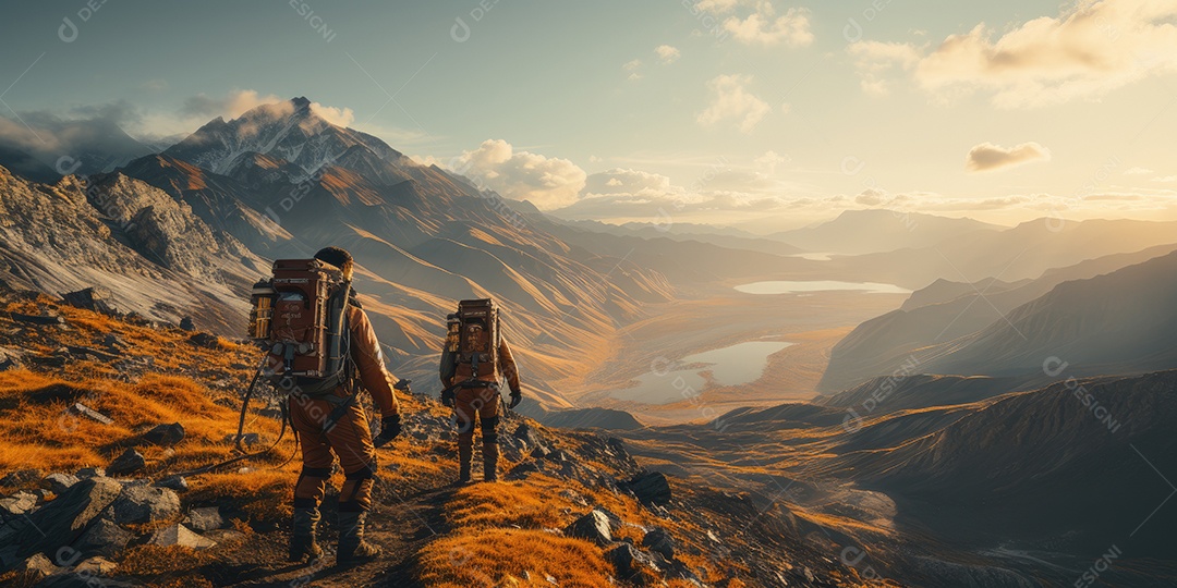 Astronautas em trajes espaciais futuristas estão explorando a superfície de Marte gerado por IA