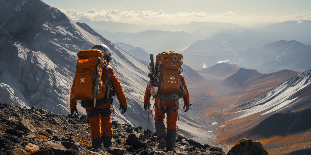 Astronautas em trajes espaciais futuristas estão explorando a superfície de Marte gerado por IA
