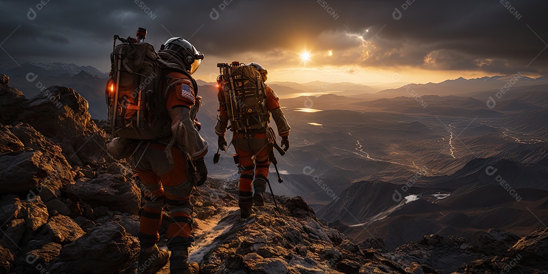 Astronautas em trajes espaciais futuristas estão explorando a superfície de Marte gerado por IA