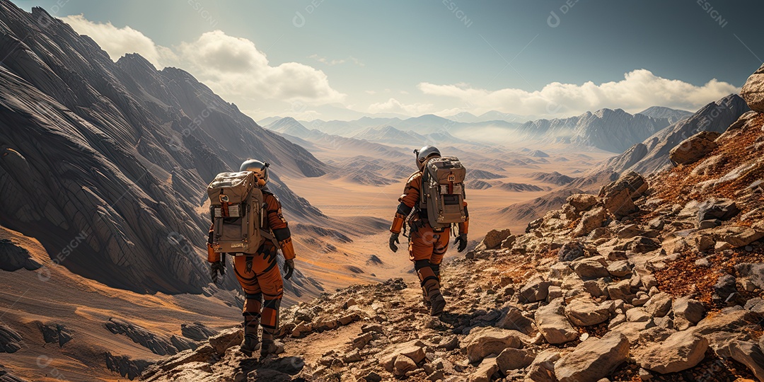 Astronautas em trajes espaciais futuristas estão explorando a superfície de Marte gerado por IA