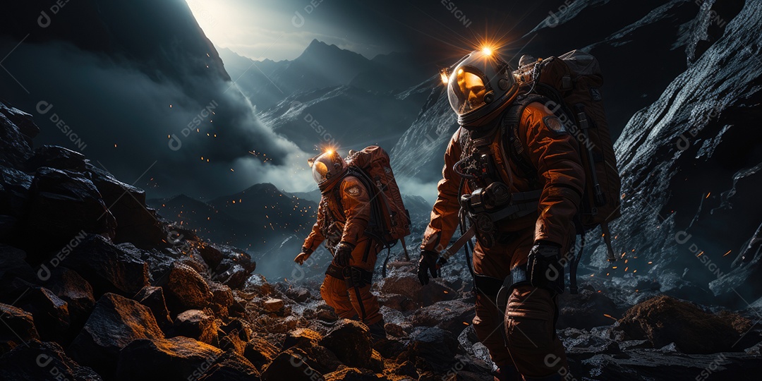 Astronautas em trajes espaciais futuristas estão explorando a superfície de Marte gerado por IA