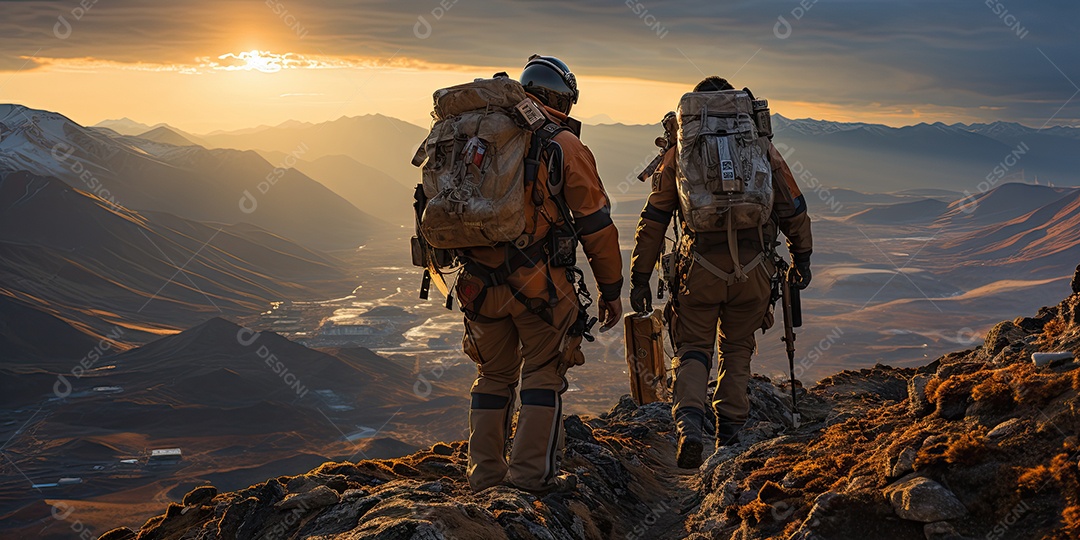 Astronautas em trajes espaciais futuristas estão explorando a superfície de Marte gerado por IA