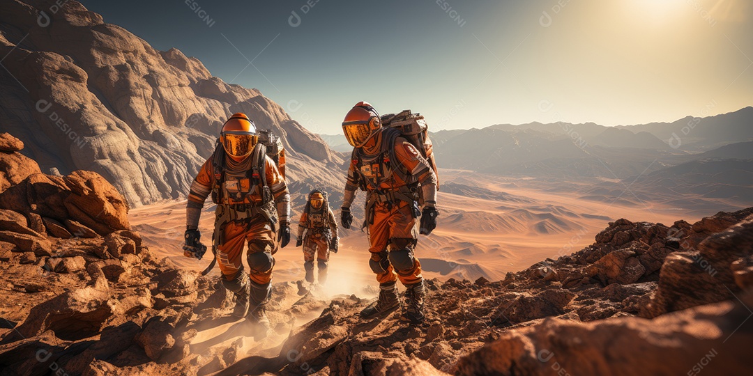 Astronautas em trajes espaciais futuristas estão explorando a superfície de Marte gerado por IA