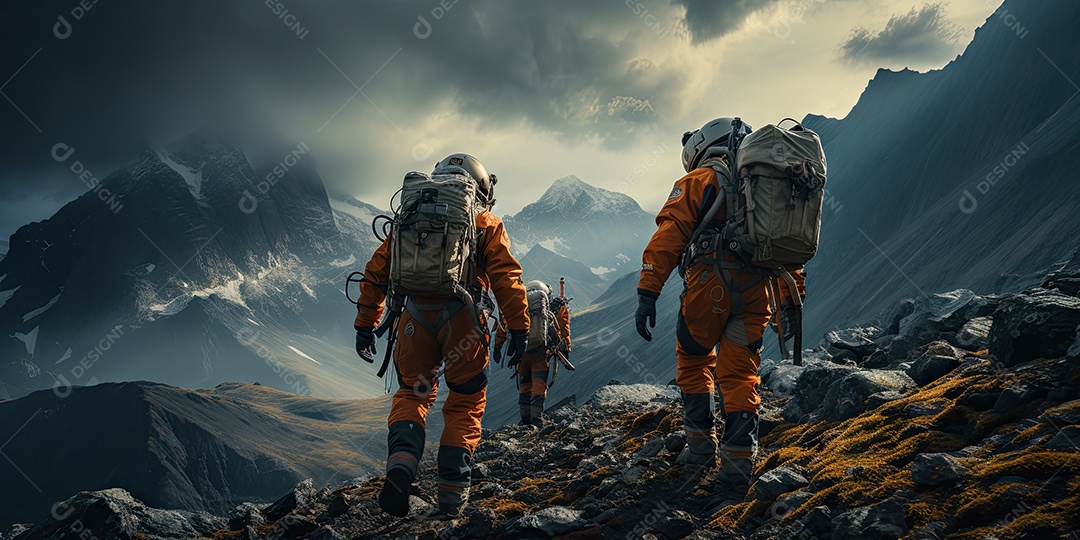 Astronautas em trajes espaciais futuristas estão explorando a superfície de Marte gerado por IA