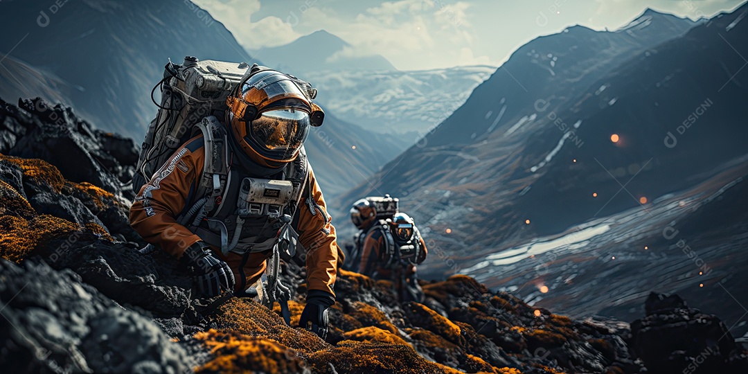 Astronautas em trajes espaciais futuristas estão explorando a superfície de Marte gerado por IA