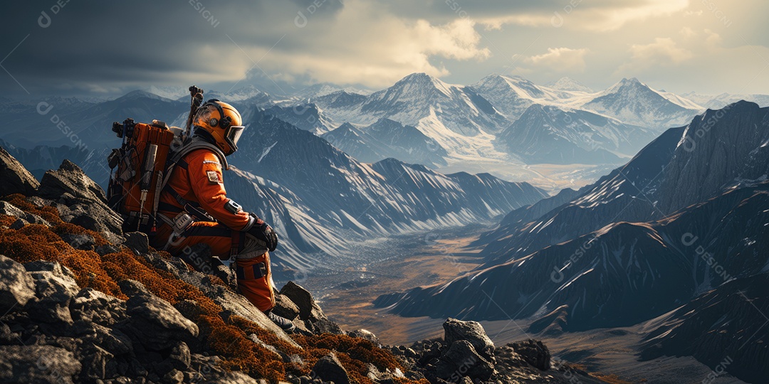 Astronautas em trajes espaciais futuristas estão explorando a superfície de Marte gerado por IA