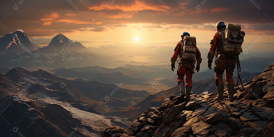 Astronautas em trajes espaciais futuristas estão explorando a superfície de Marte gerado por IA