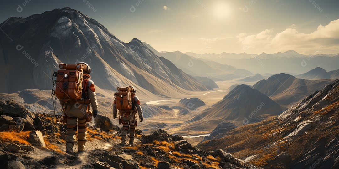 Astronautas em trajes espaciais futuristas estão explorando a superfície de Marte gerado por IA