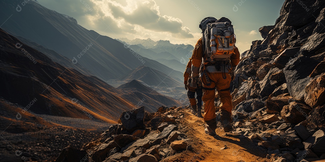 Astronautas em trajes espaciais futuristas estão explorando a superfície de Marte gerado por IA