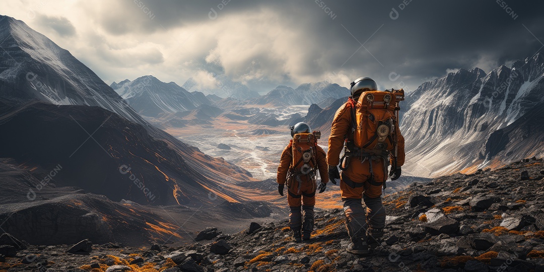 Astronautas em trajes espaciais futuristas estão explorando a superfície de Marte gerado por IA