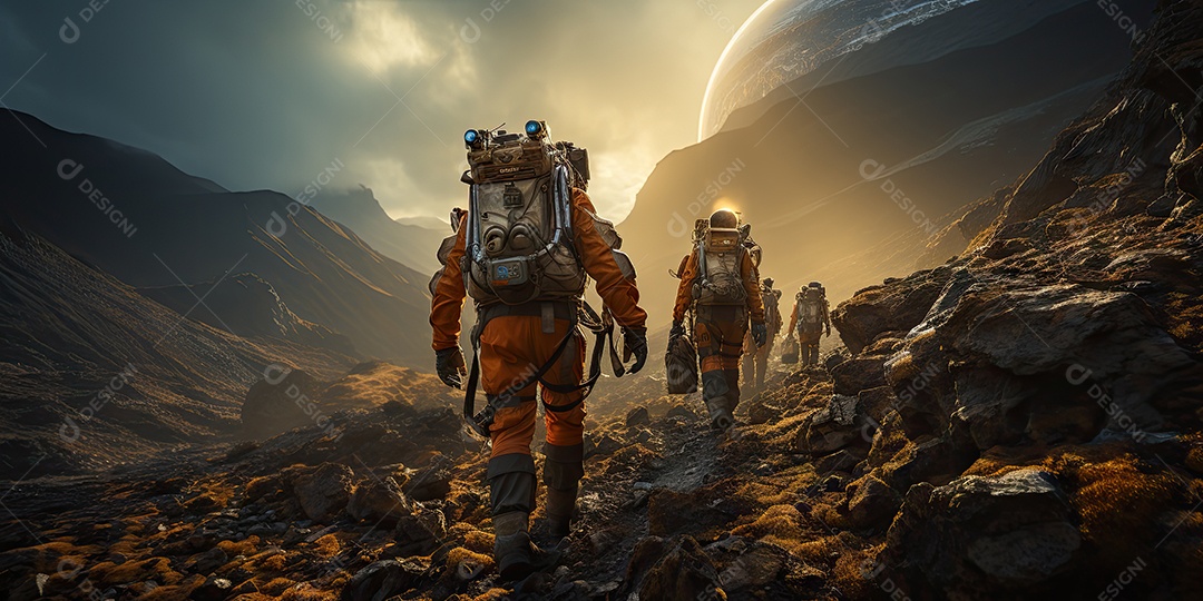 Astronautas em trajes espaciais futuristas estão explorando a superfície de Marte gerado por IA