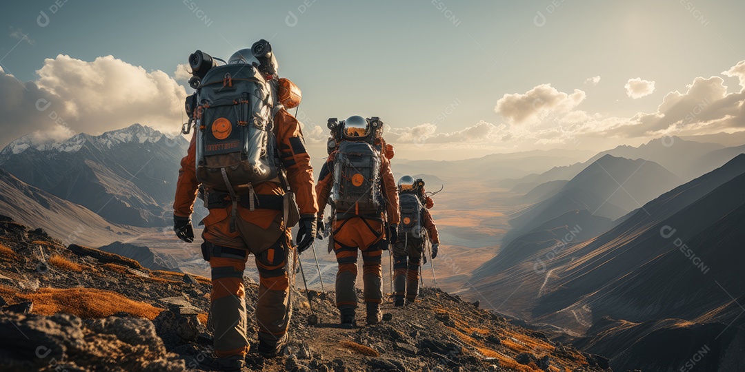 Astronautas em trajes espaciais futuristas estão explorando a superfície de Marte gerado por IA