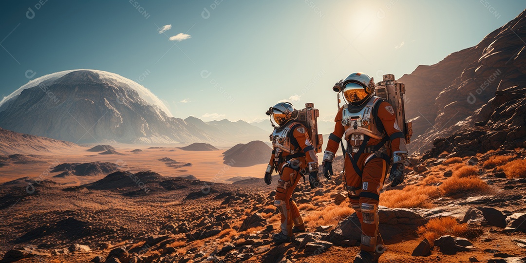 Astronautas em trajes espaciais futuristas estão explorando a superfície de Marte gerado por IA