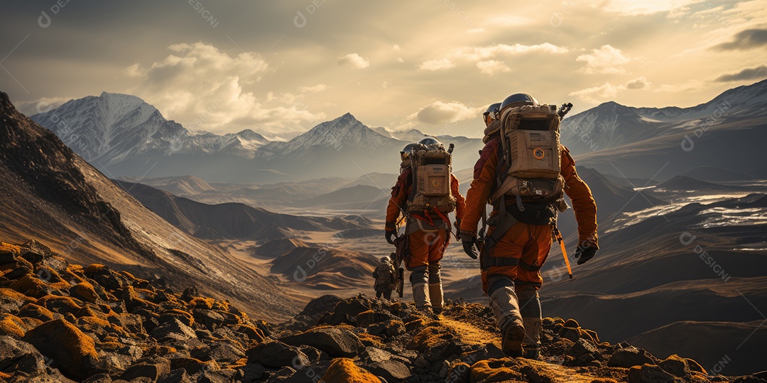 Astronautas em trajes espaciais futuristas estão explorando a superfície de Marte gerado por IA