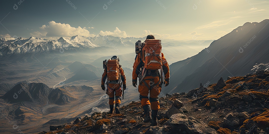 Astronautas em trajes espaciais futuristas estão explorando a superfície de Marte gerado por IA