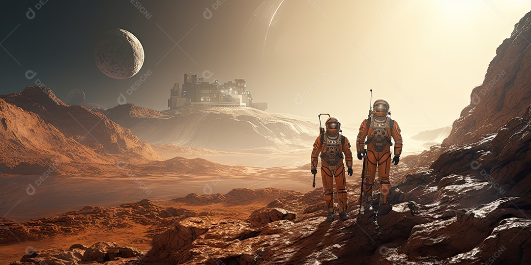 Astronautas em trajes espaciais futuristas estão explorando a superfície de Marte gerado por IA