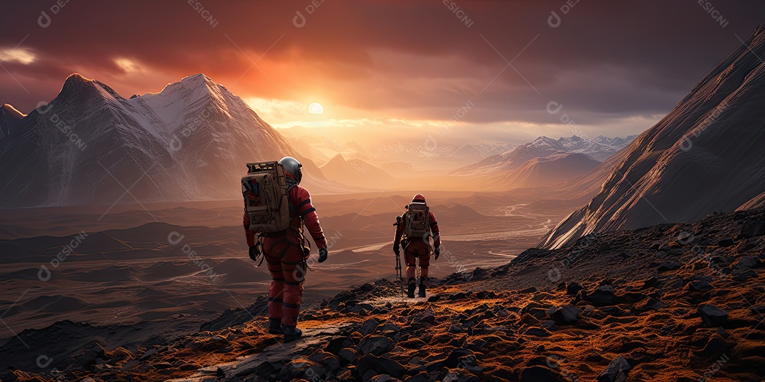 Astronautas em trajes espaciais futuristas estão explorando a superfície de Marte gerado por IA