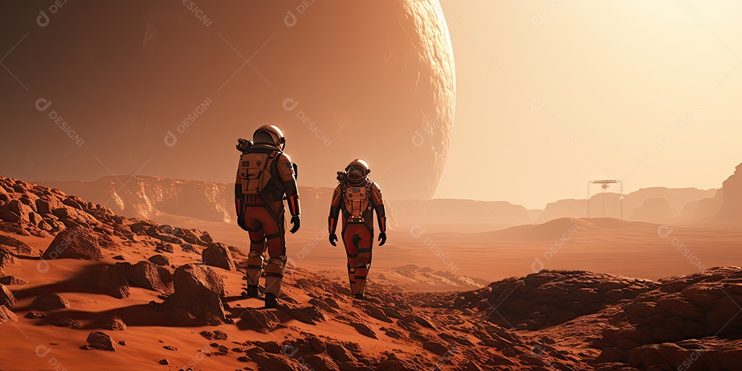 Astronautas em trajes espaciais futuristas estão explorando a superfície de Marte gerado por IA