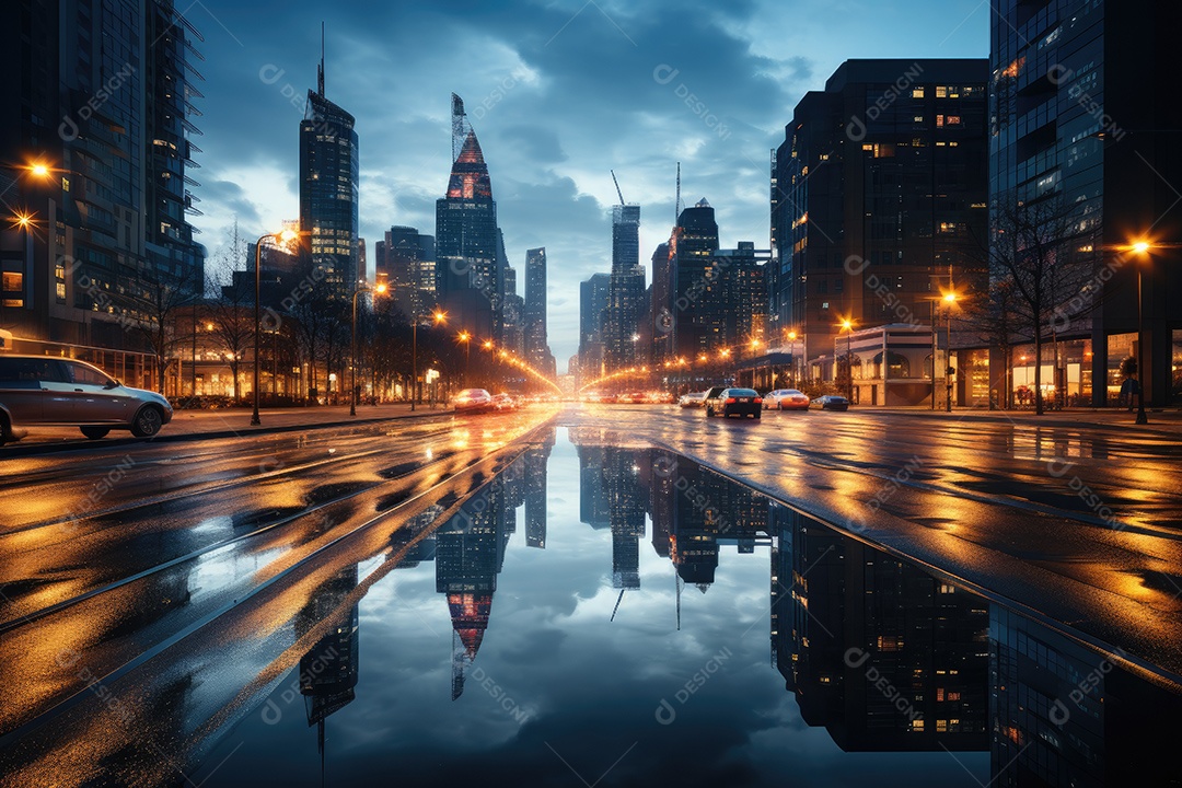 Cidade moderna imagem borrada de uma estrada quase escura luzes brilhantes gerada por IA