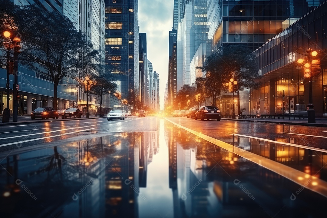 Cidade moderna imagem borrada de uma estrada quase escura luzes brilhantes gerada por IA