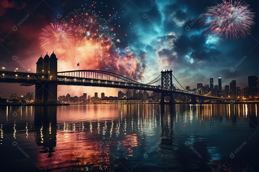 Fogos de artifício sobre uma cidade noturna gerada por IA