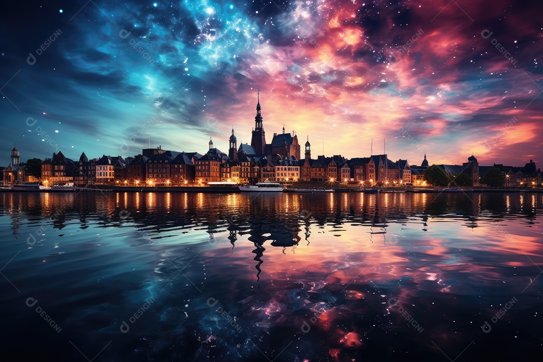 Fogos de artifício sobre uma cidade noturna gerada por IA