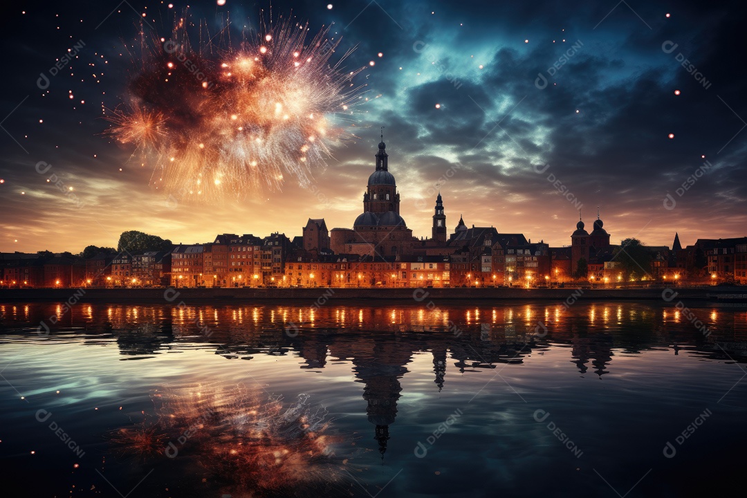 Fogos de artifício sobre uma cidade noturna gerada por IA