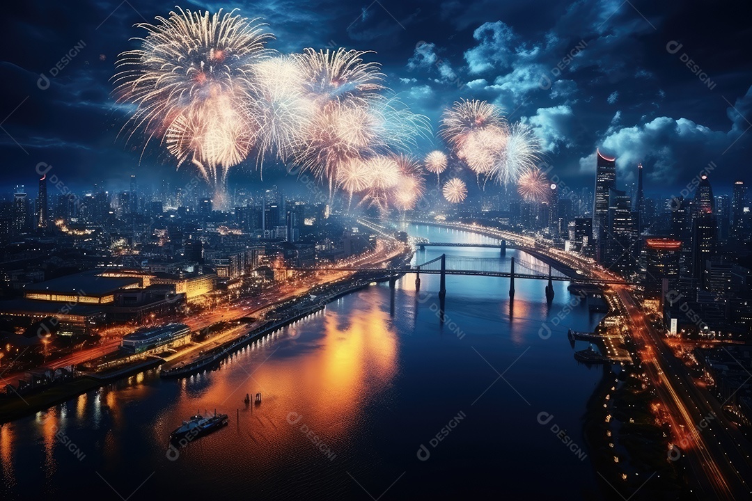 Fogos de artifício sobre uma cidade noturna gerada por IA