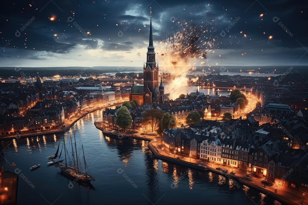 Fogos de artifício sobre uma cidade noturna gerada por IA