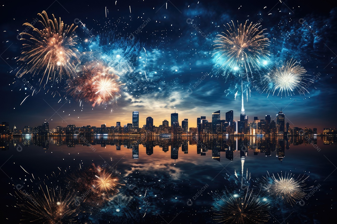 Fogos de artifício sobre uma cidade noturna gerada por IA
