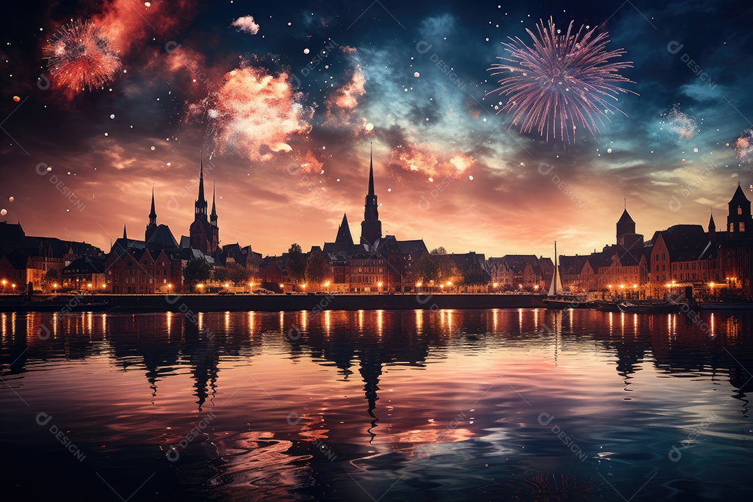 Fogos de artifício sobre uma cidade noturna gerada por IA