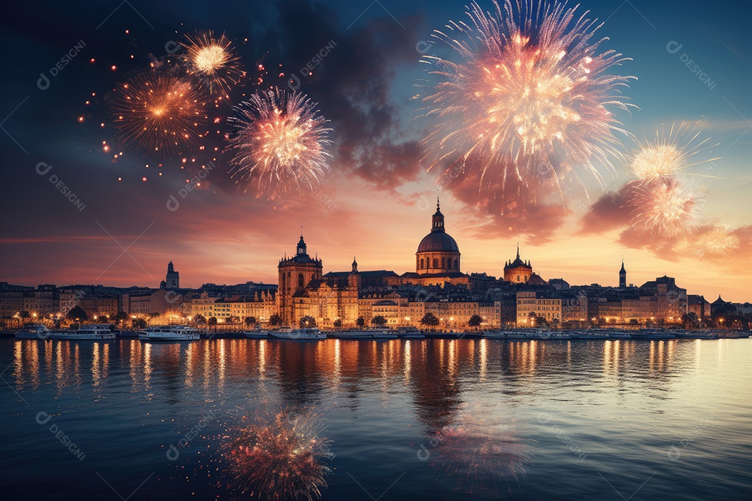 Fogos de artifício sobre uma cidade noturna gerada por IA