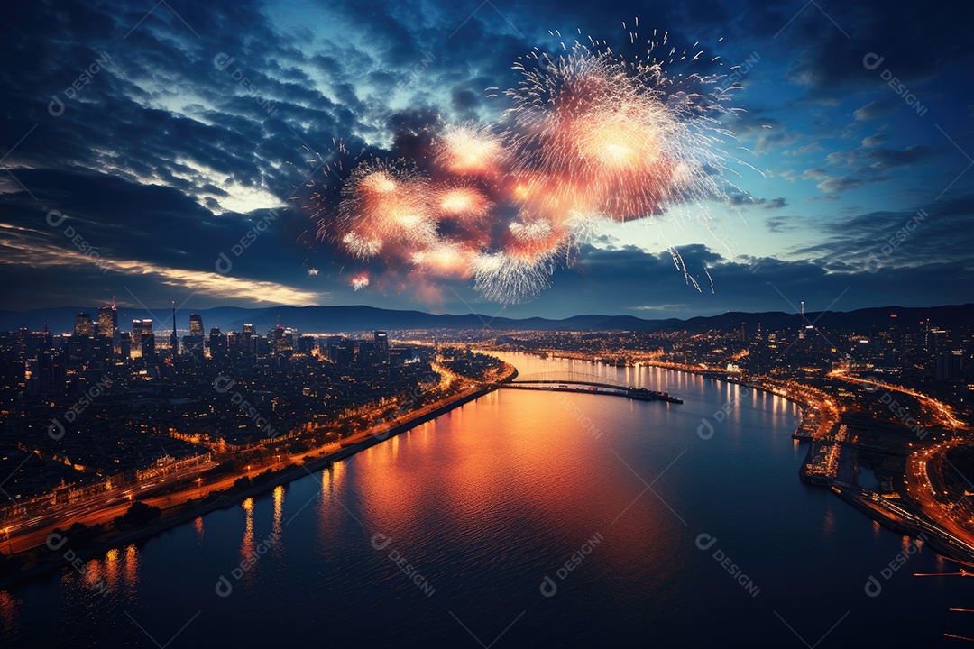 Fogos de artifício sobre uma cidade noturna gerada por IA