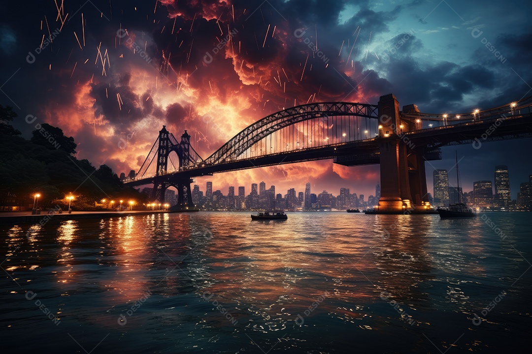 Fogos de artifício sobre uma cidade noturna gerada por IA