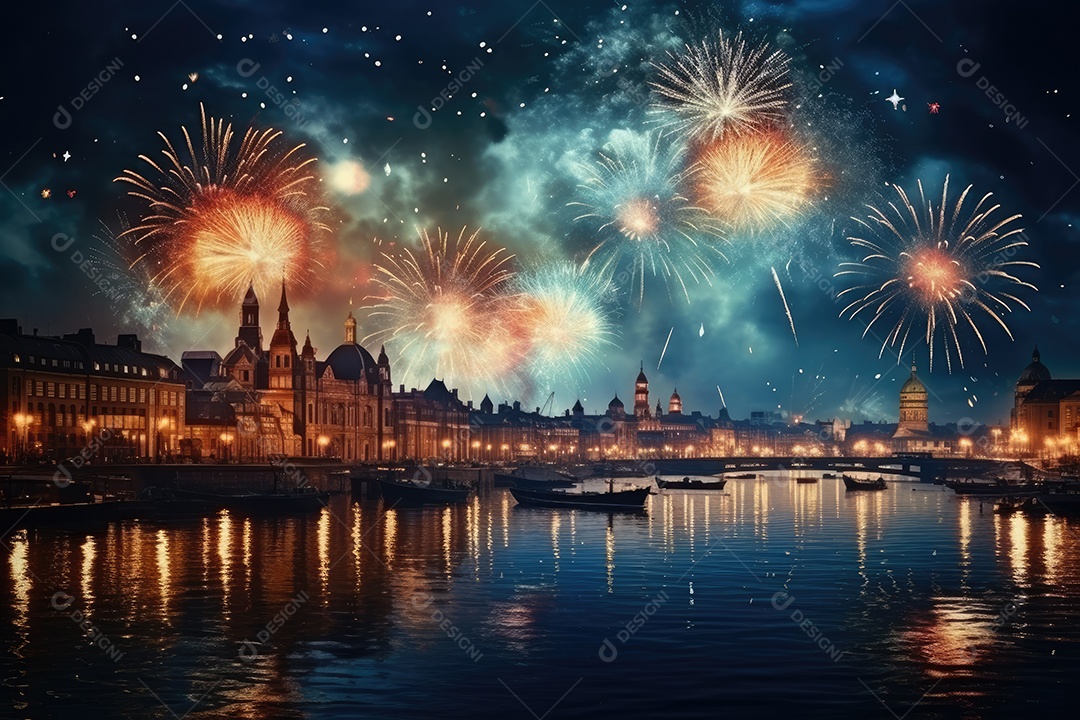 Fogos de artifício sobre uma cidade noturna gerada por IA