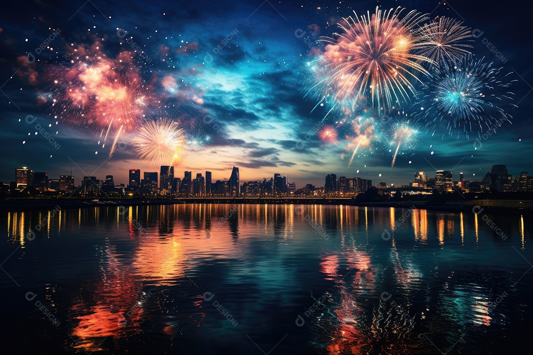 Fogos de artifício sobre uma cidade noturna gerada por IA