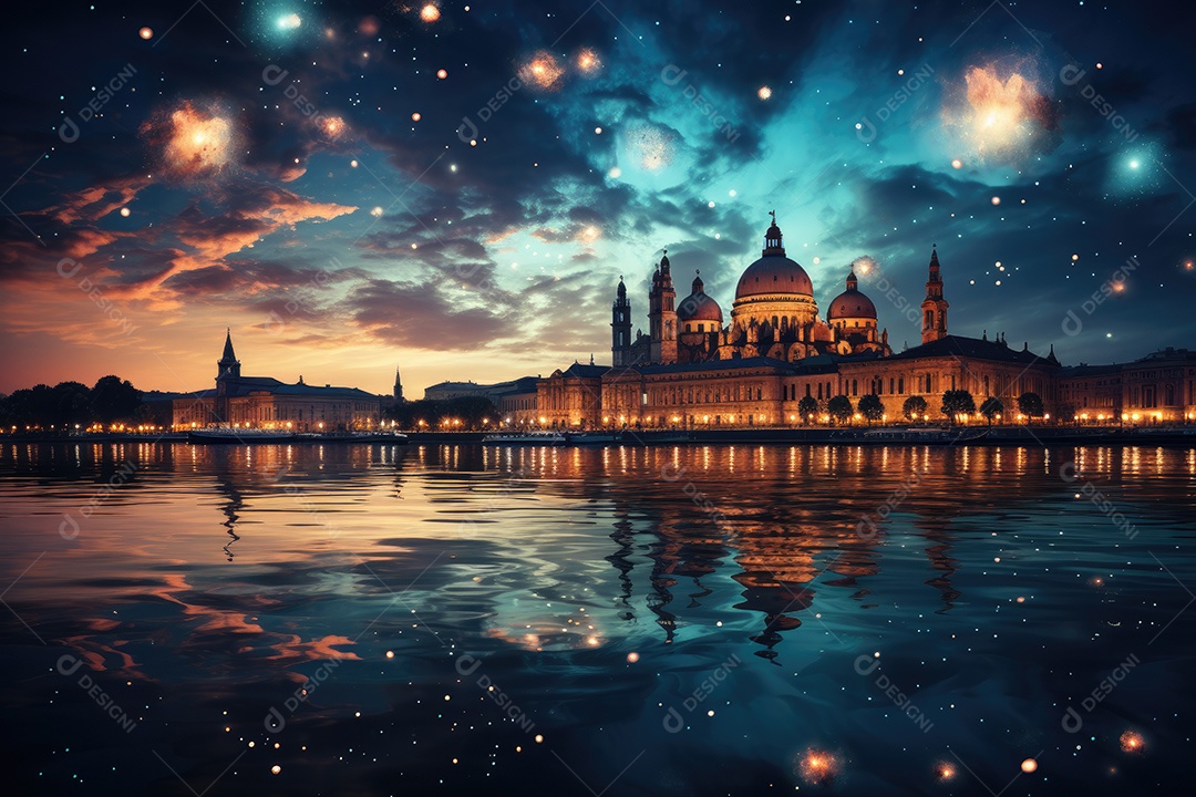 Fogos de artifício sobre uma cidade noturna gerada por IA