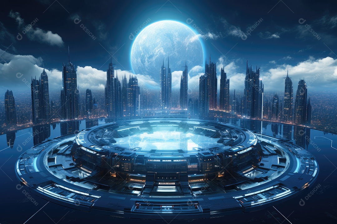 Elementos de renderização 3D de uma cidade espacial futurista gerada por IA