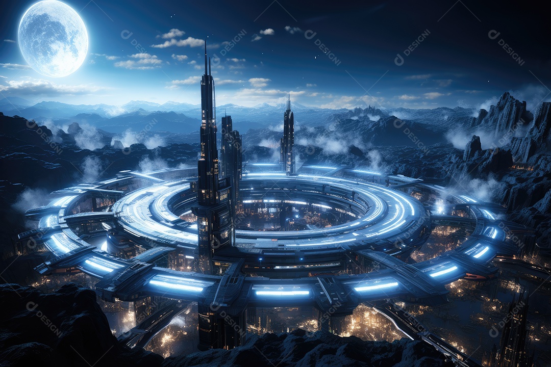 Elementos de renderização 3D de uma cidade espacial futurista gerada por IA
