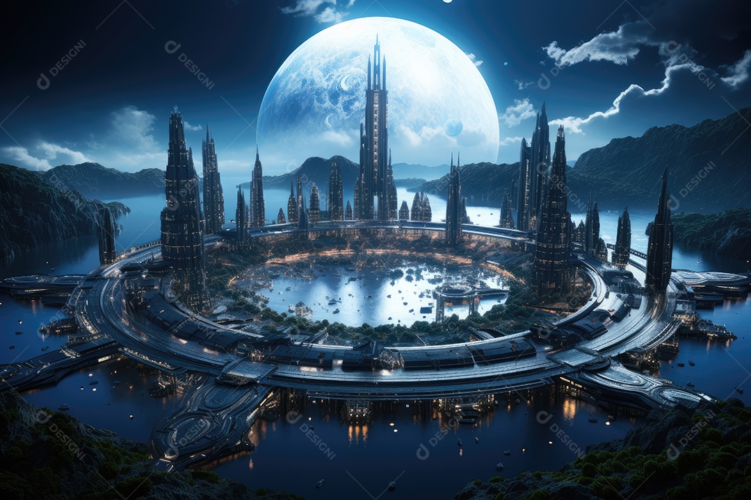 Elementos de renderização 3D de uma cidade espacial futurista gerada por IA