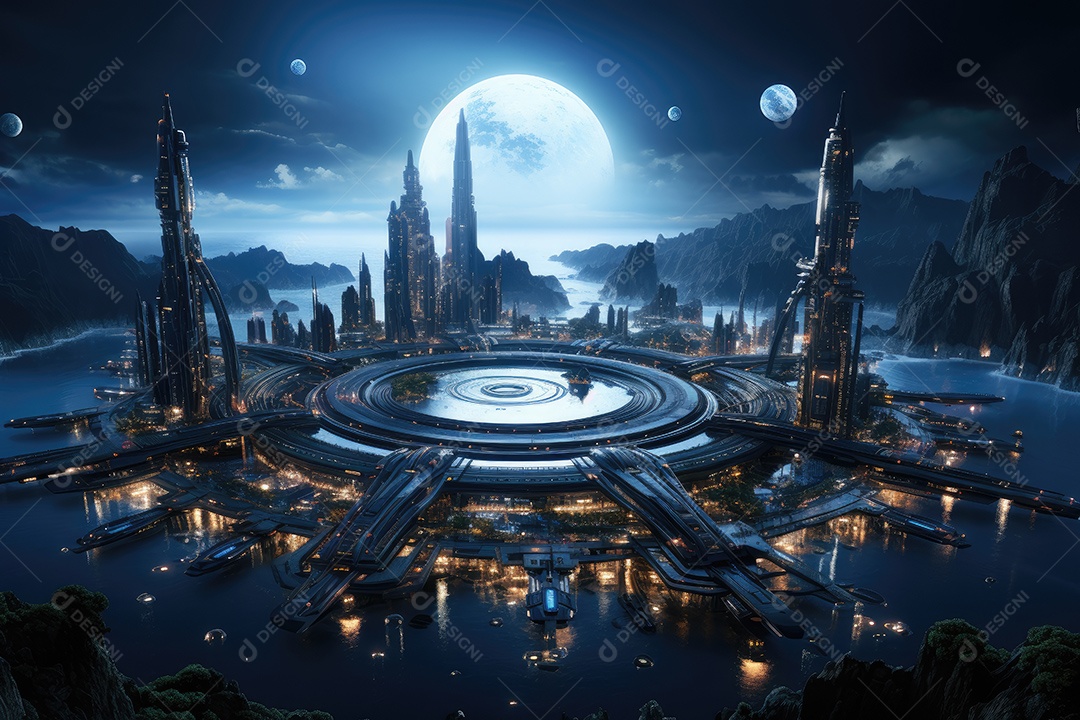 Elementos de renderização 3D de uma cidade espacial futurista gerada por IA