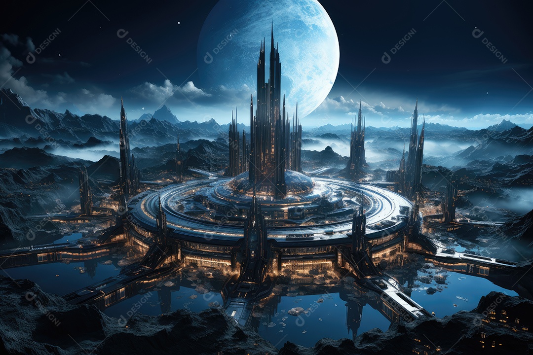 Elementos de renderização 3D de uma cidade espacial futurista gerada por IA