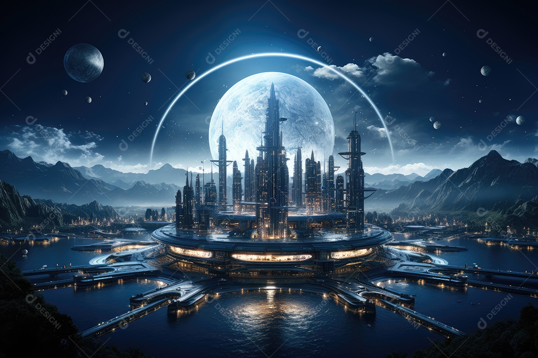 Elementos de renderização 3D de uma cidade espacial futurista gerada por IA