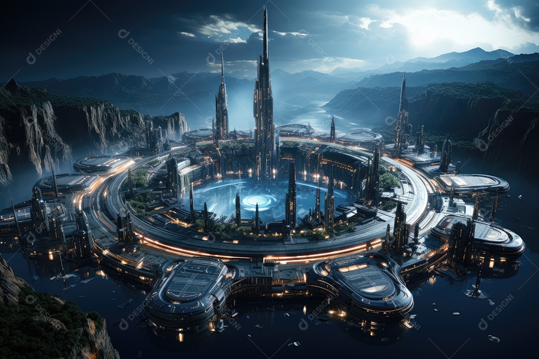 Elementos de renderização 3D de uma cidade espacial futurista gerada por IA