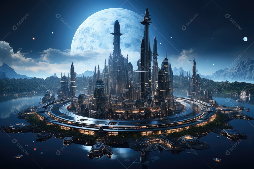 Elementos de renderização 3D de uma cidade espacial futurista gerada por IA