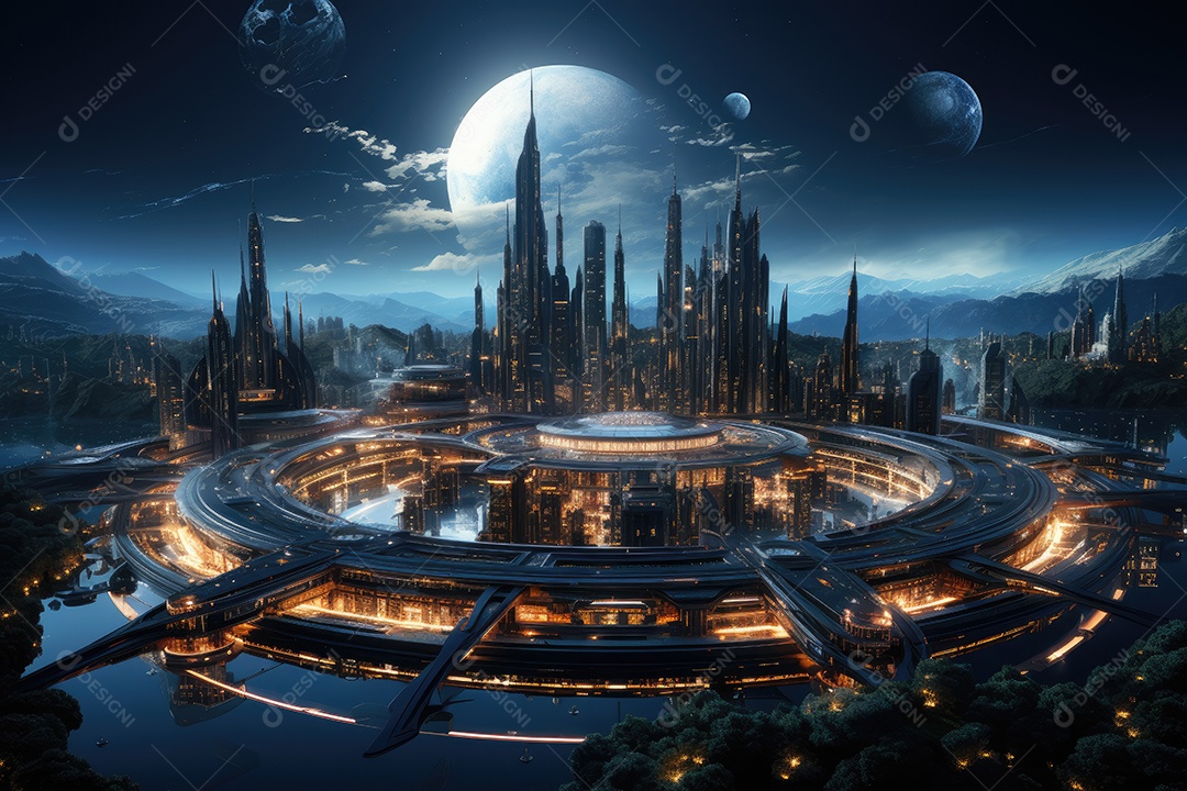 Elementos de renderização 3D de uma cidade espacial futurista gerada por IA