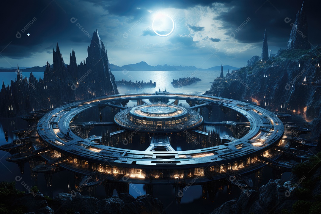 Elementos de renderização 3D de uma cidade espacial futurista gerada por IA