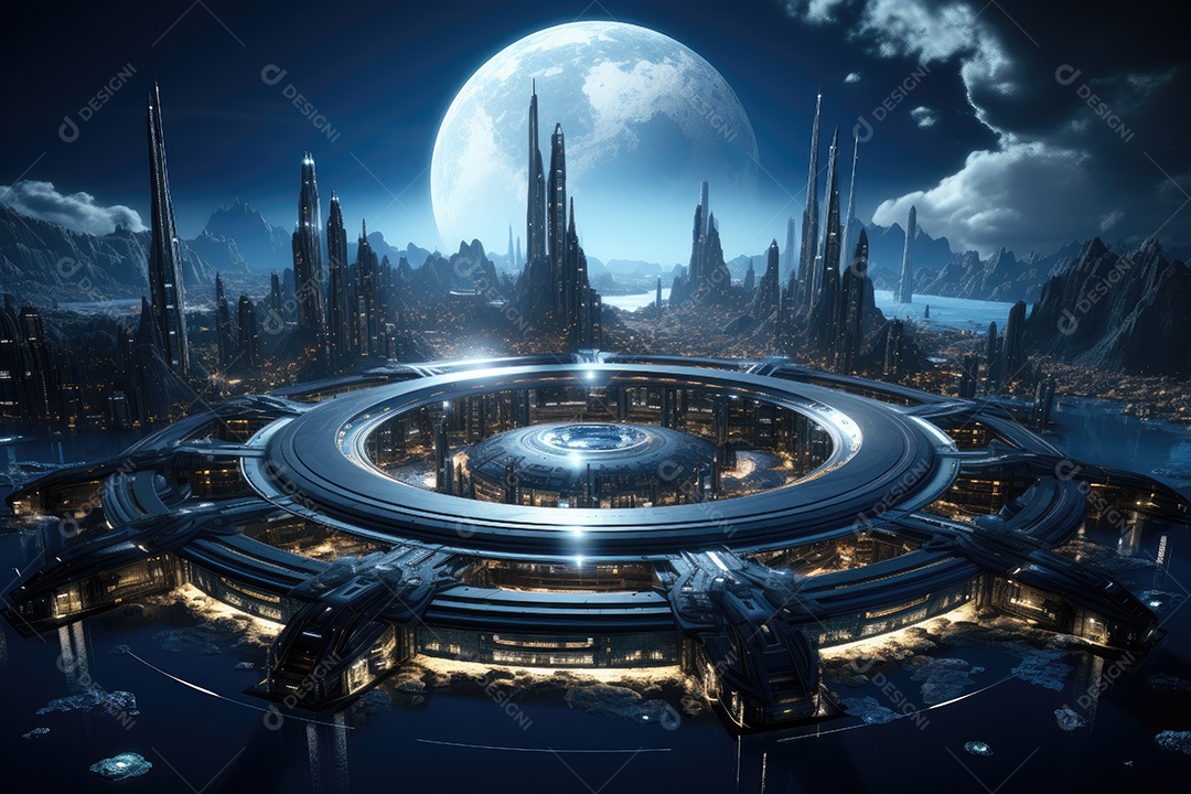 Elementos de renderização 3D de uma cidade espacial futurista gerada por IA