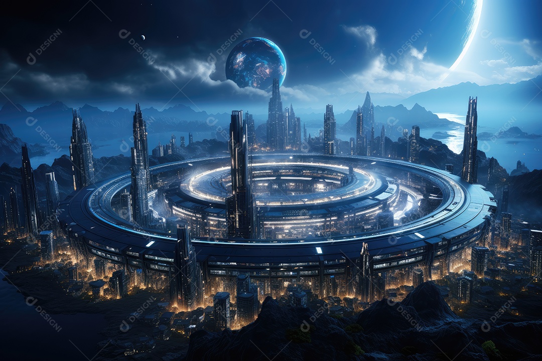 Elementos de renderização 3D de uma cidade espacial futurista gerada por IA